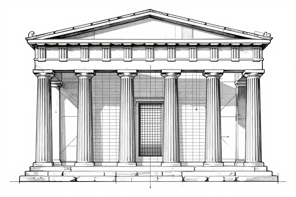 Diagrama técnico del sistema de cuadrícula en arquitectura griega con elementos de columnas y entablamento etiquetados