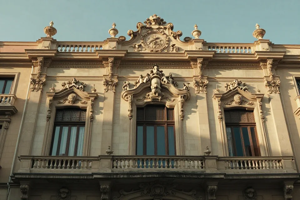 Fachada detallada de una obra de Diego de Siloé con esculturas y motivos clásicos, iluminación dorada, perspectiva cinematográfica.