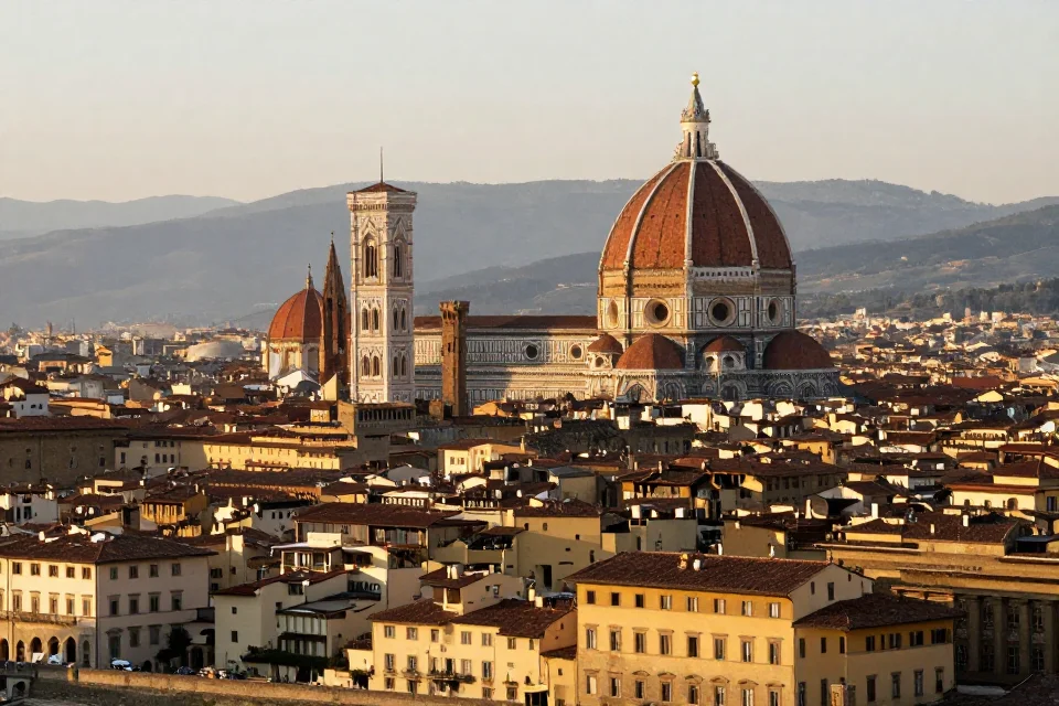 Vista panorámica de Florencia con el Duomo y arquitectura renacentista, hora dorada y contexto urbano histórico