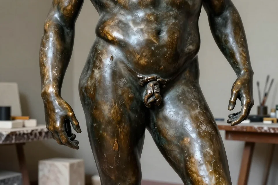 Detalles de la escultura en bronce 'Gattamelata' de Donatello, iluminación dramática resaltando texturas, ambiente de taller renacentista