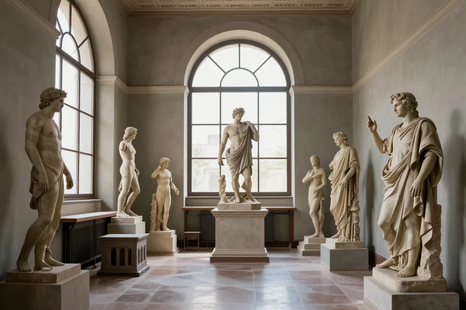 Interior del taller de Donatello con luz natural, arcos de ventanas y disposición geométrica de esculturas y modelos arquitectónicos