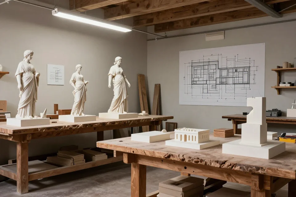 Espacio interior del estudio de Rossellino con modelos escultóricos y planos arquitectónicos, luz natural iluminando mesas de trabajo de madera