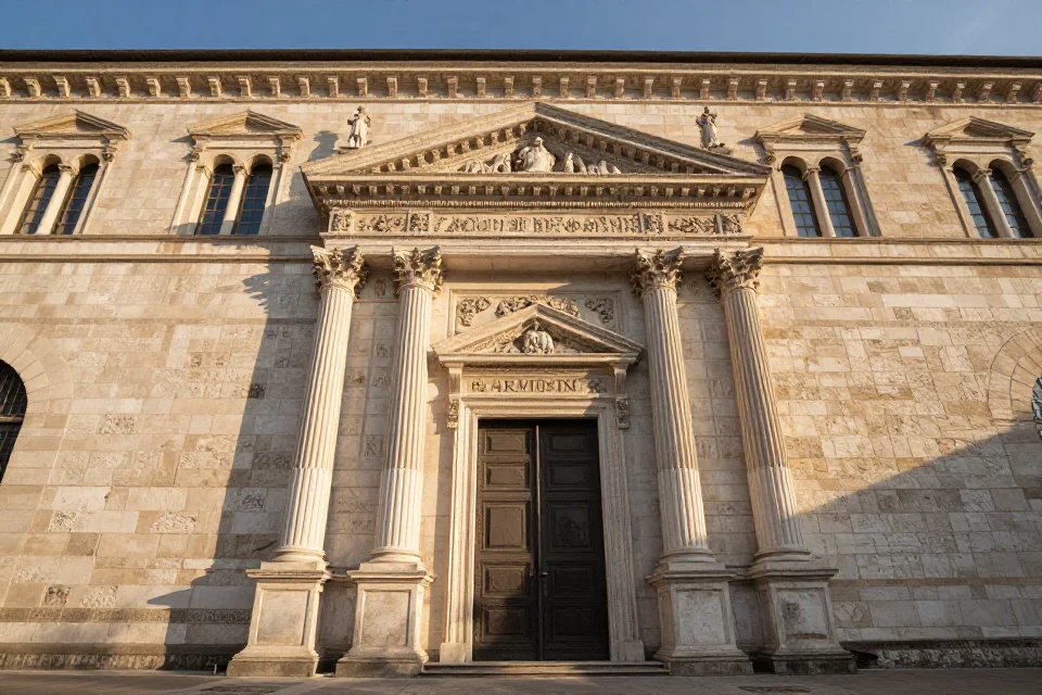 Fachada detallada de un edificio renacentista diseñado por Francesco Martini, entrada con columnas clásicas y esculturas en piedra, iluminación dorada del atardecer