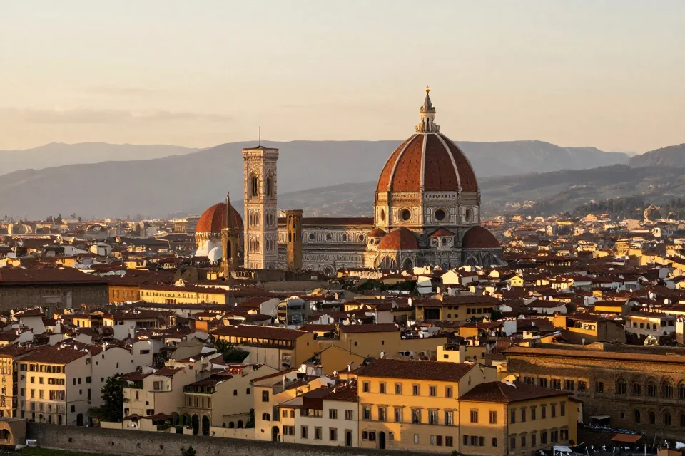 Vista panorámica de Florencia con el Palacio Rossellino como punto central, horario dorado y contexto urbano histórico del Renacimiento