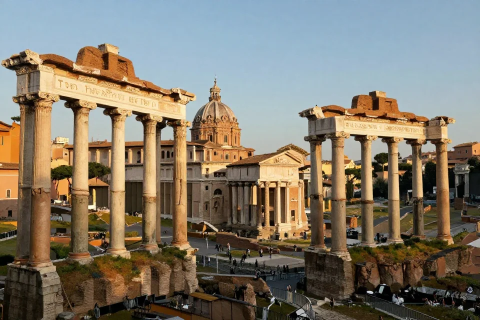 Arquitectura elegante del Foro de Trajano al atardecer, mostrando la interacción de la luz en las columnas de mármol y la grandiosidad del planeamiento urbano romano