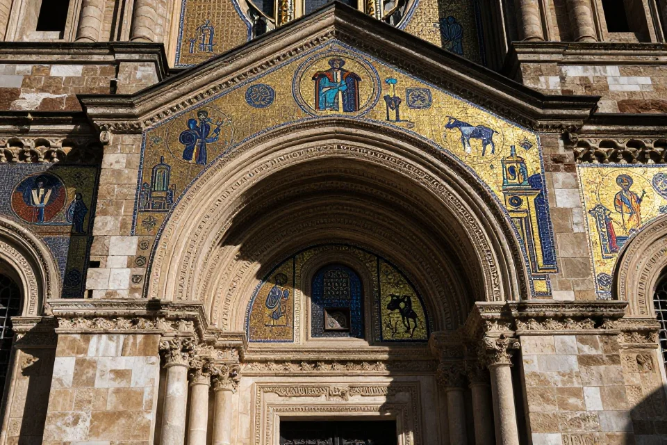 Fachada de la iglesia de San Salvador con mosaicos bizantinos, patrones geométricos y detalles de piedra en iluminación dramática