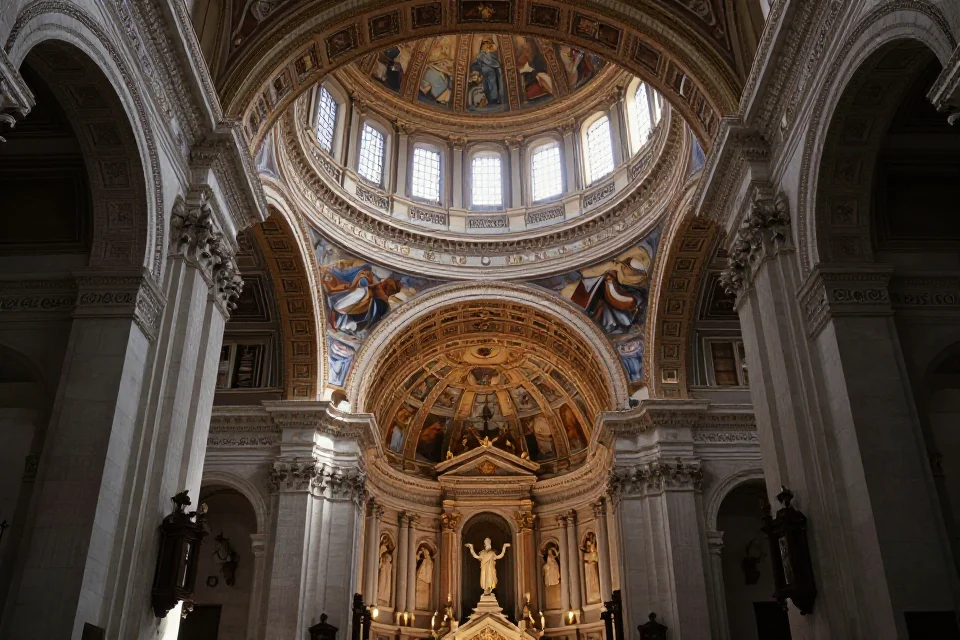Interior de la iglesia de San Salvador con luz natural iluminando el domo, frescos intrincados y armonía espacial en perspectiva cinematográfica