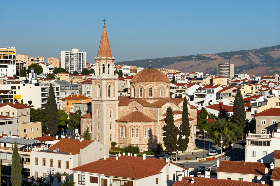 Perspectiva urbana panorámica de la iglesia de San Salvador en Chora, destacando su relación con el paisaje histórico de la ciudad