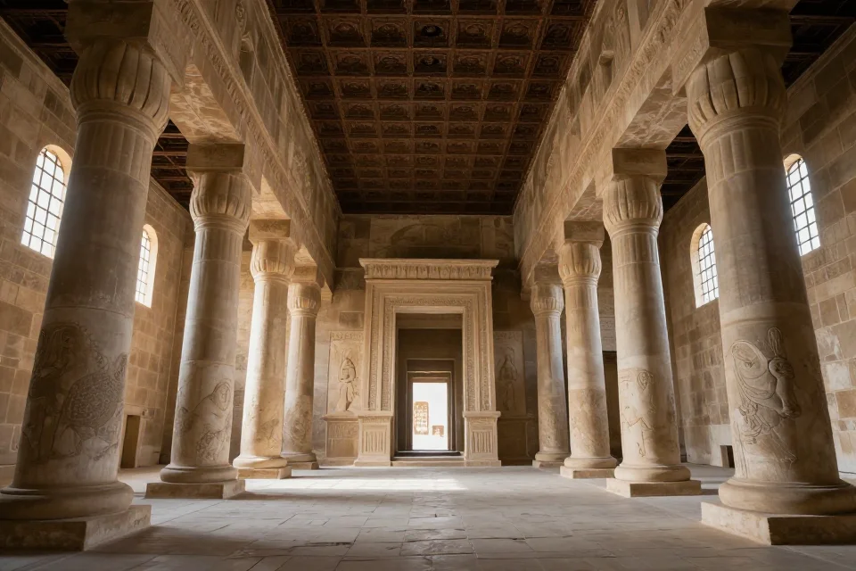 Perspectiva interior del gran patio con columnas altas, el ziggurat central y la luz natural filtrada por ventanas arqueadas, capturando la grandiosidad arquitectónica