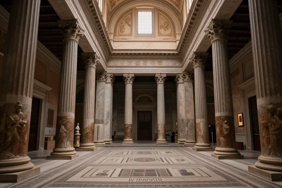 Interior de un espacio romano con columnas altas, atrio central y suelos de mosaico