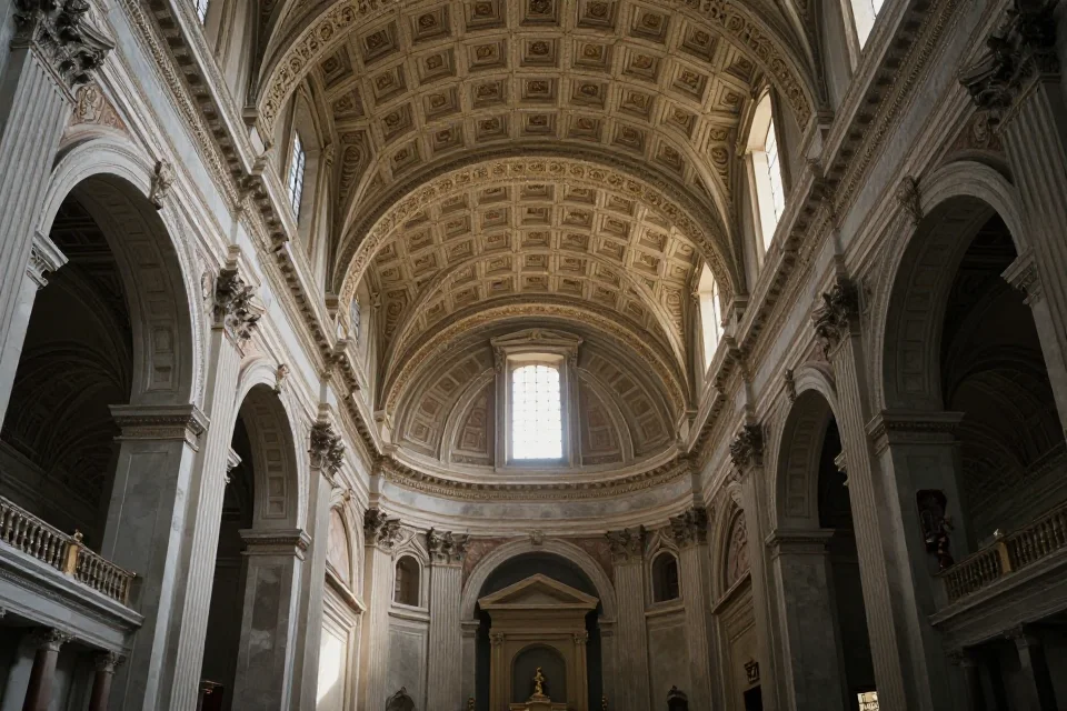 Espacio interior de una capilla renacentista diseñada por Martini, bóveda con luz natural y patrones geométricos, tonos cálidos en perspectiva cinematográfica