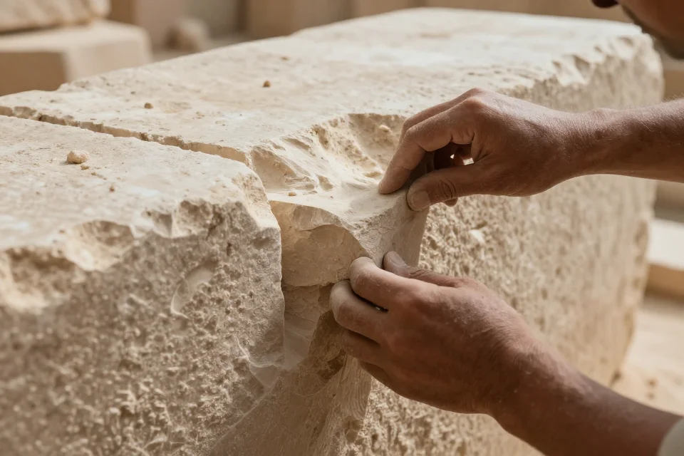 Texto en primer plano de bloques de piedra caliza tallados con técnicas de construcción egipcias