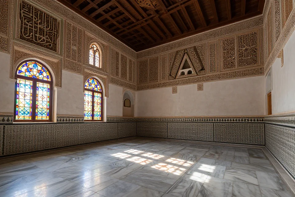 Interior de la Madraza de Granada con suelos de mármol, paneles caligráficos y techos de madera arqueados, luz natural a través de vidrieras