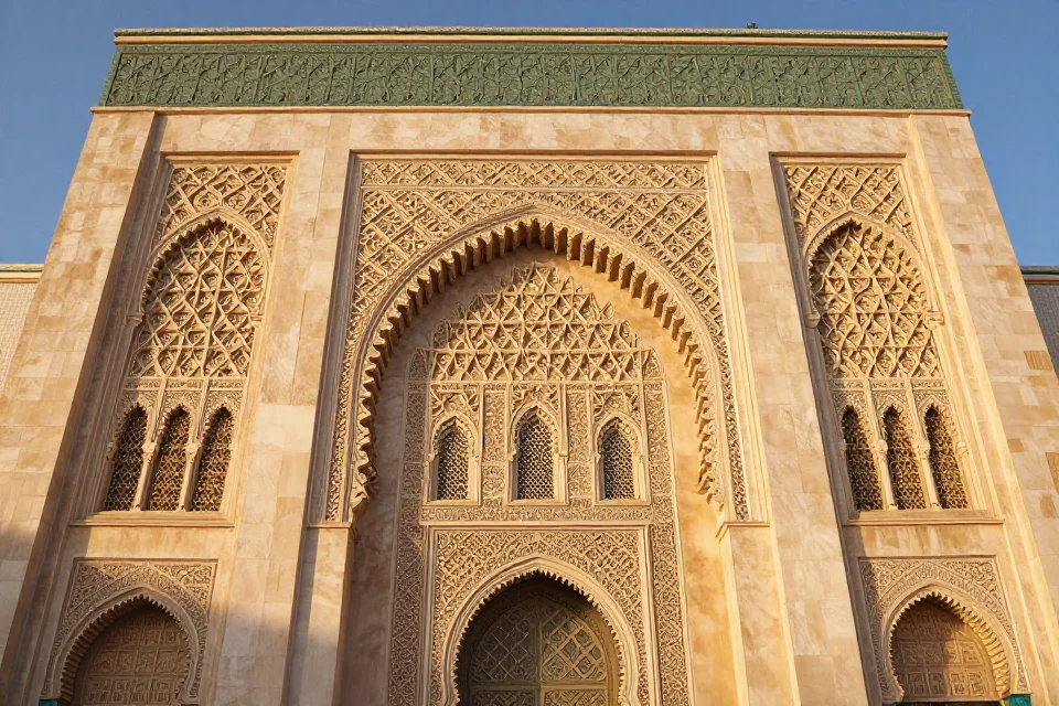Fachada de una mezquita almohade con detalles ornamentales geométricos, fotografía de arquitectura con iluminación natural y texturas en alta resolución