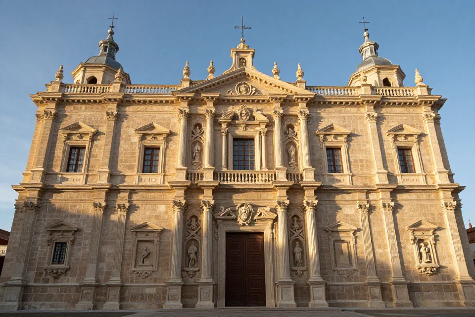 Fachada del Monasterio de San Juan de los Reyes con detalles en piedra, simetría renacentista y luz dorada, enfoque cinematográfico