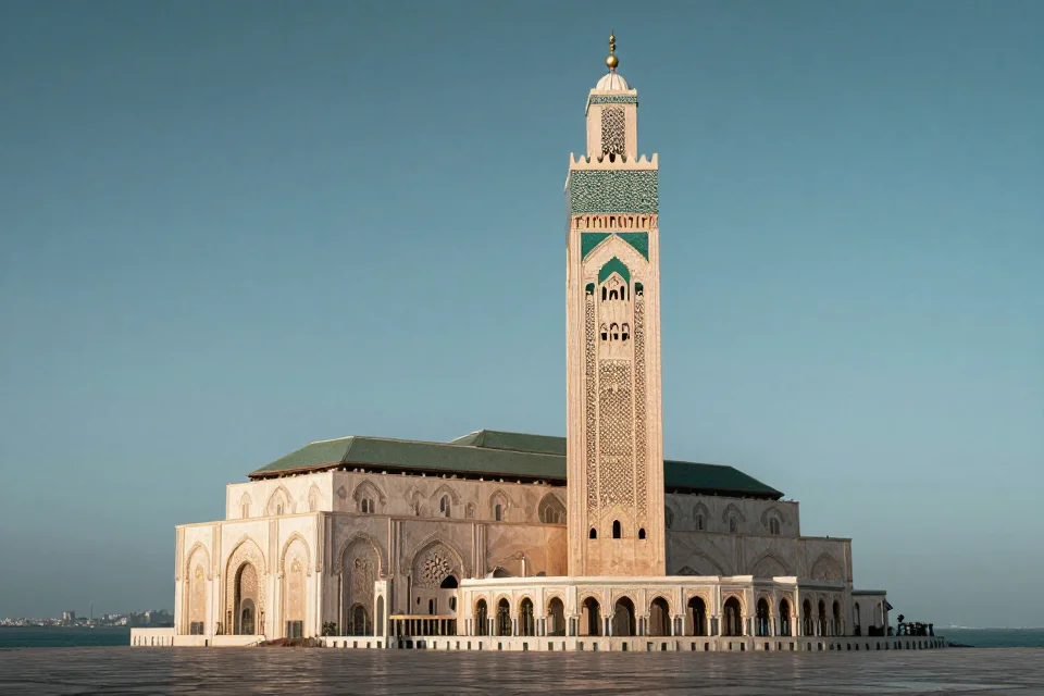 Vista panorámica del Mosque Hassan II en Casablanca con el skyline urbano de Marruecos, composición amplia que destaca el contraste entre arquitectura moderna y tradicional islámica