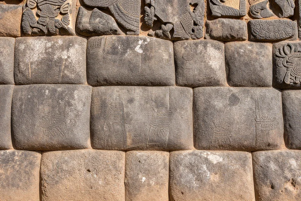 Cerca de las paredes de piedra caliza en Sacsayhuamán, destacando la precisión en el corte de las piedras, su textura y el esfuerzo artesanal detrás de su construcción.