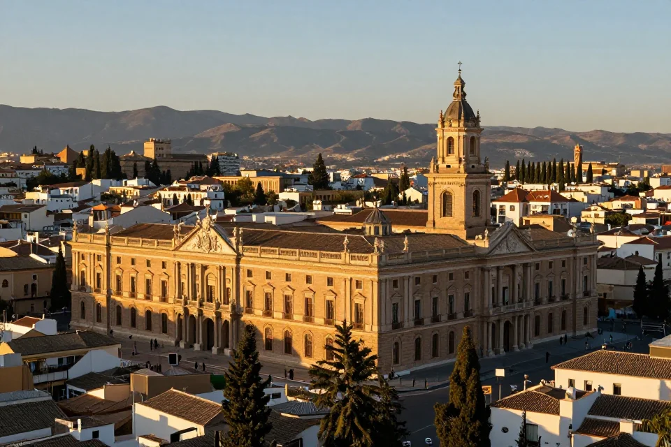 Perspectiva panorámica del Palacio de Carlos V integrado al paisaje urbano de Granada, armonía arquitectónica bajo la luz del atardecer