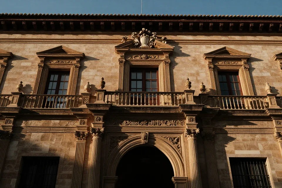 Fachada del Palacio de Carlos V en Granada con detalles de ornamentación renacentista, texturas de piedra y luz dorada del atardecer