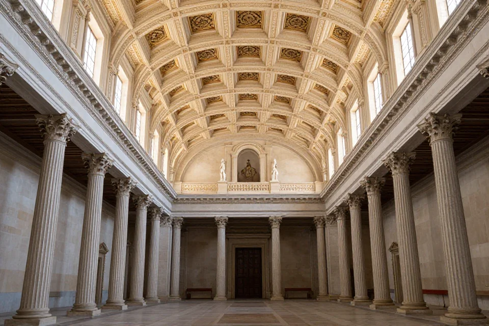 Interior del Palacio de Carlos V con iluminación natural, patrones geométricos en el techo y proporciones espaciales elegantes del Renacimiento