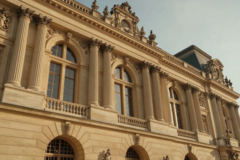 Fachada detallada del Palacio de Fontainebleau con columnas clásicas, esculturas en piedra y luz dorada, enfoque cinematográfico