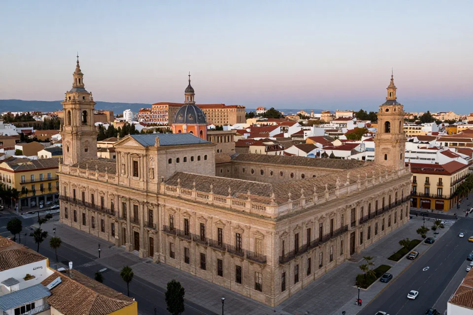 Perspectiva panorámica del Palacio de Guzmanes integrado en el paisaje urbano medieval, arquitectura renacentista en contexto histórico.
