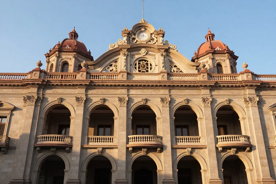 Fachada detallada del Palacio de Monterrey con arcos góticos y motivos clásicos, iluminación dorada, enfoque cinematográfico.