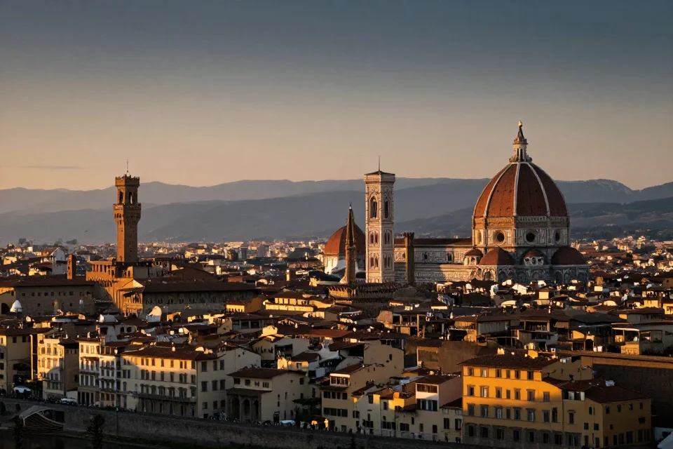 Vista panorámica del Palacio Rucellai en Florencia con contexto urbano de edificios medievales en el horizonte