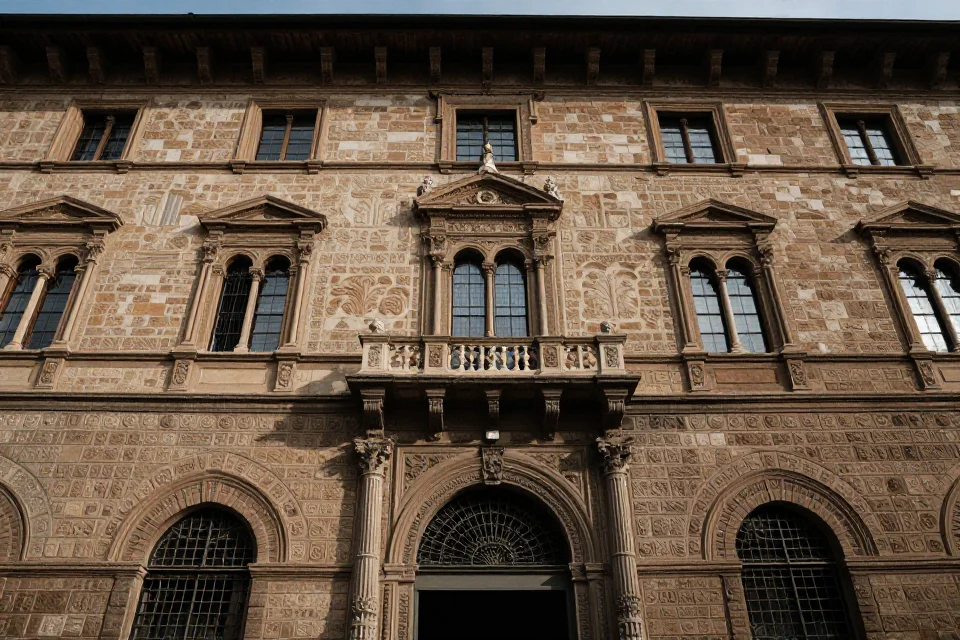 Fachada detallada del Palacio Rossellino con esculturas en piedra y elementos ornamentales renacentistas, iluminación dramática resaltando la estructura