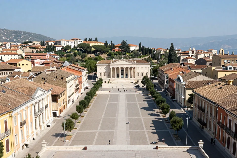 Perspectiva simétrica de una plaza central con edificios alineados en una ciudad griega