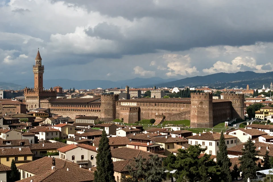 Perspectiva urbana panorámica de la obra de fortificación de Martini, paisaje renacentista con estructuras defensivas y cielo dramático en composición cinematográfica