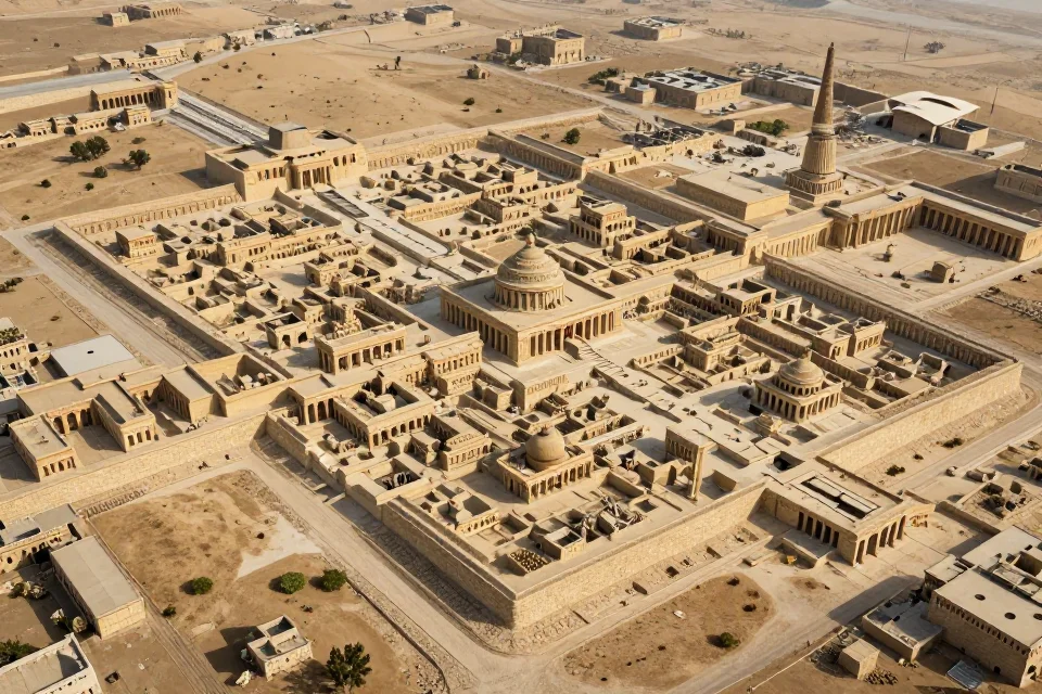 Plano urbano de Dur Sharrukin como ciudad-palacio, con el complejo real en el centro y áreas administrativas, templos y residenciales alrededor, textura de piedra antigua
