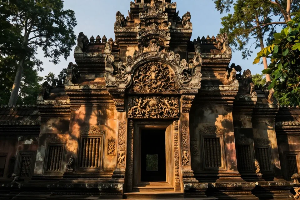 Perspectiva amplia del frente del Templo del Gran Jaguar al atardecer, con luces y sombras que resaltan sus relieves y su conexión con el cosmos