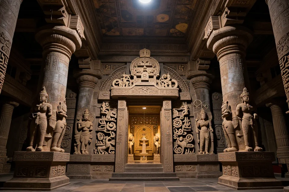 Interior del Templo del Gran Jaguar con iluminación dramática que destaca las esculturas sagradas de dioses y alineaciones celestes