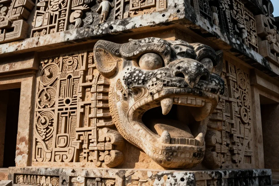 Detalle en primer plano de la textura de piedra del Templo del Gran Jaguar, mostrando motivos celestes y la precisión arquitectónica de la cultura maya