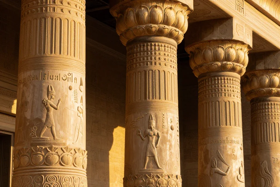 Detalles de las columnas del templo con motivos de loto, luz solar que filtra por arcos, representando el orden divino y la eternidad faraónica
