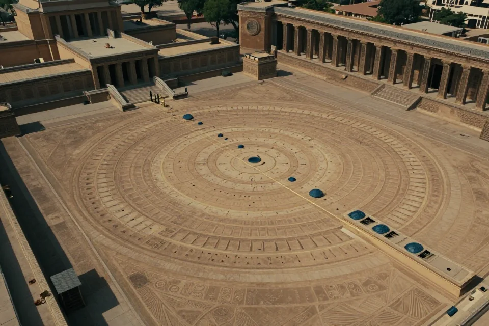 Vista aérea del diseño del templo con marcas de alineación solar, patrones geométricos que reflejan el orden cósmico y la eternidad faraónica