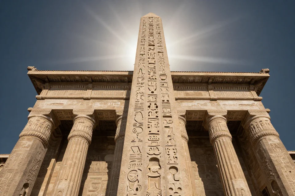 Fachada del templo con obelisco y inscripciones jeroglíficas, cielo dramático con rayos solares, destacando el culto solar y la divinidad real