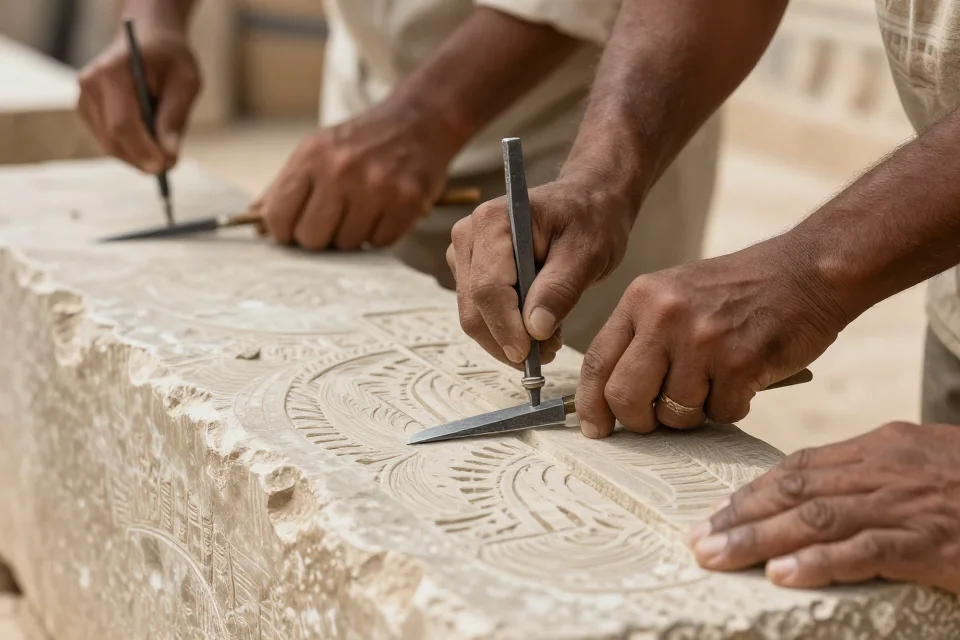 Detalle en primer plano de la textura del bloque de piedra caliza