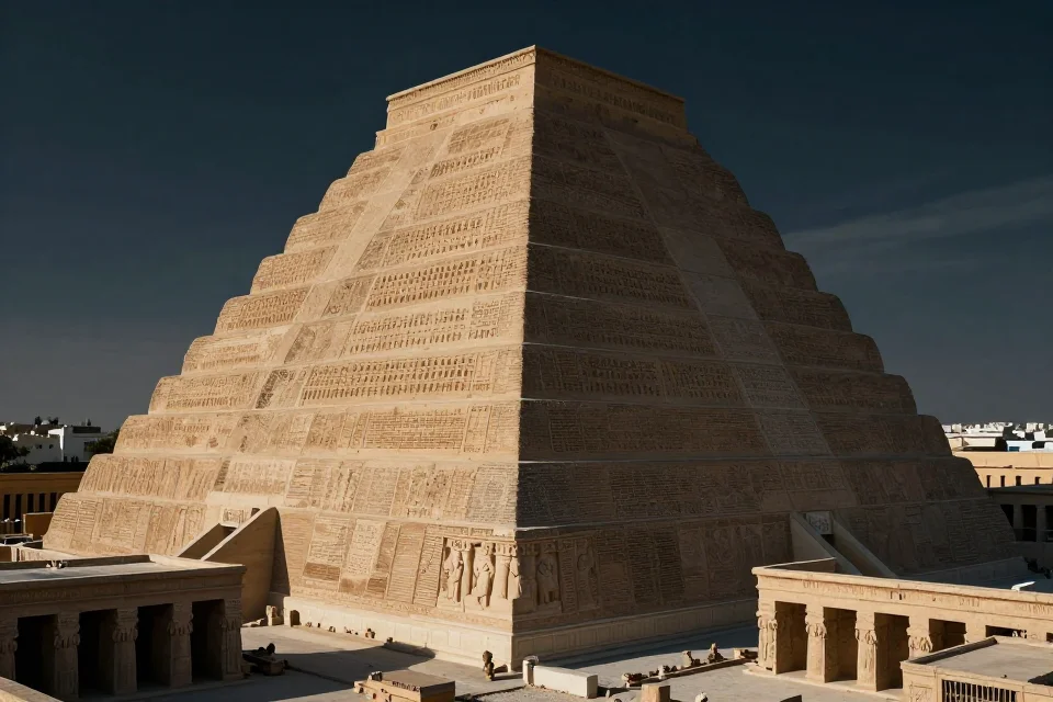 Detalle del Ziggurat de Ur en Babilonia, con terrazas intricadas y estructuras circundantes, iluminación dramática resaltando su monumentalidad, composición cinematográfica con sombras profundas y significancia histórica.
